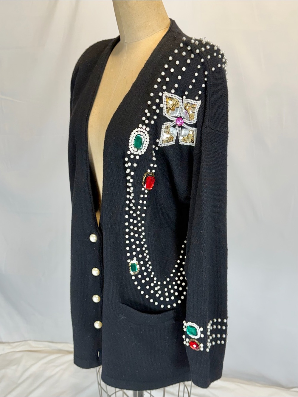 VINTAGE 80s glam bling knit sweater cardigan jewel pearl beads ruby emerald bold - Picture 5 of 14